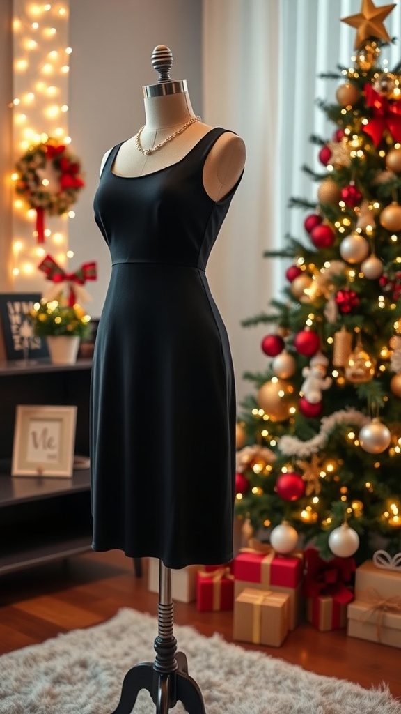 An elegant black dress on a mannequin with Christmas decorations in a cozy room.